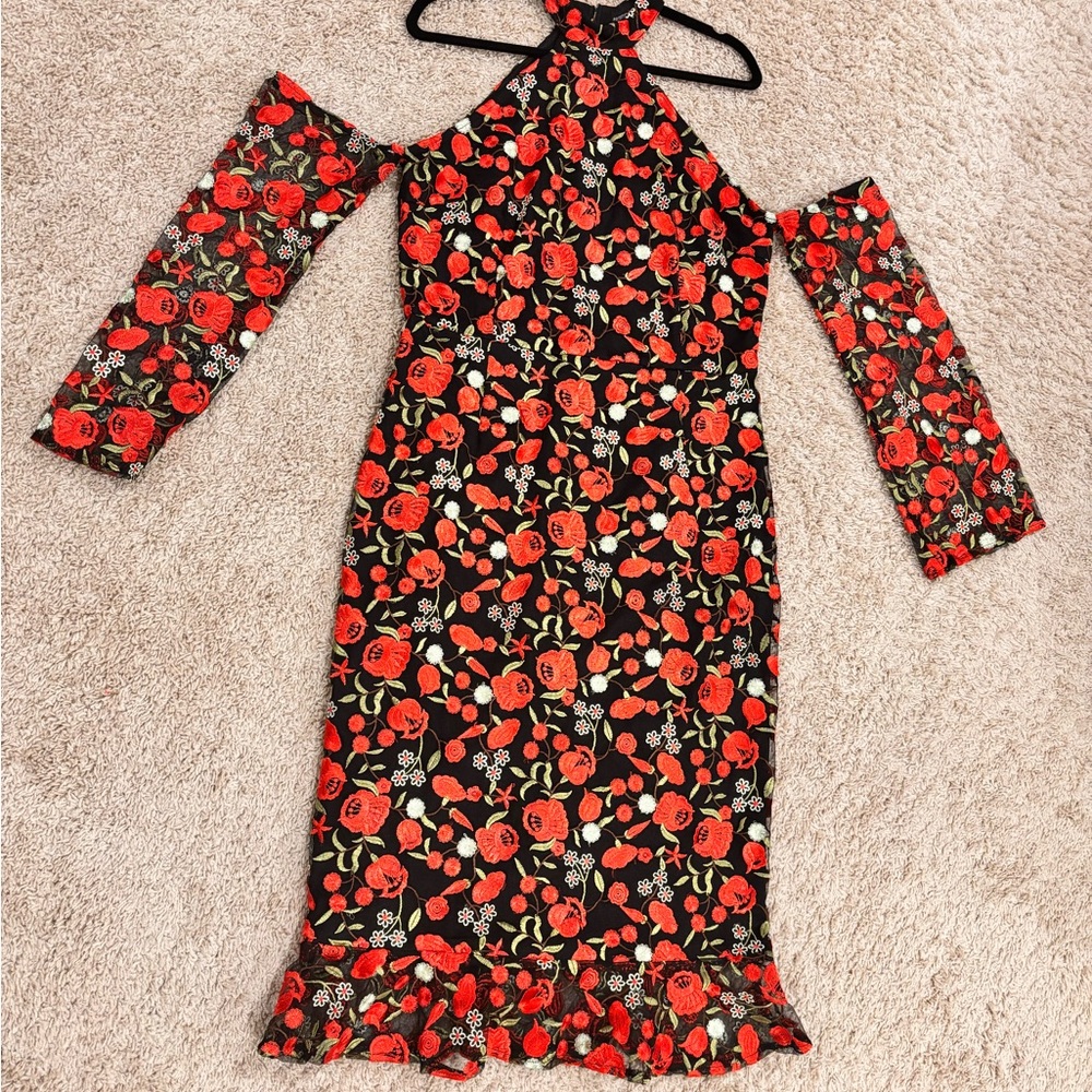 PrettyLittleThing One Shoulder Floral Dress - Black and Red